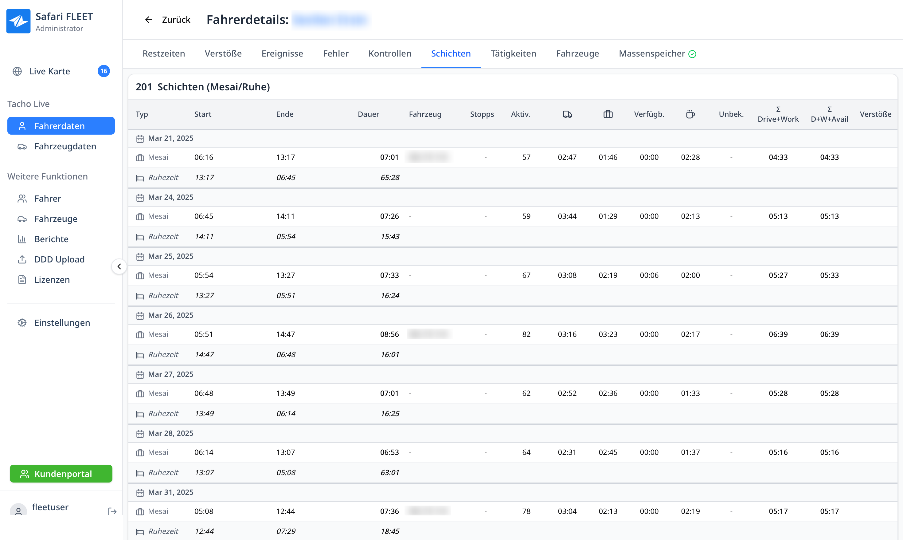 Tachograph Schichten - Detaillierte Arbeitszeit-Analyse