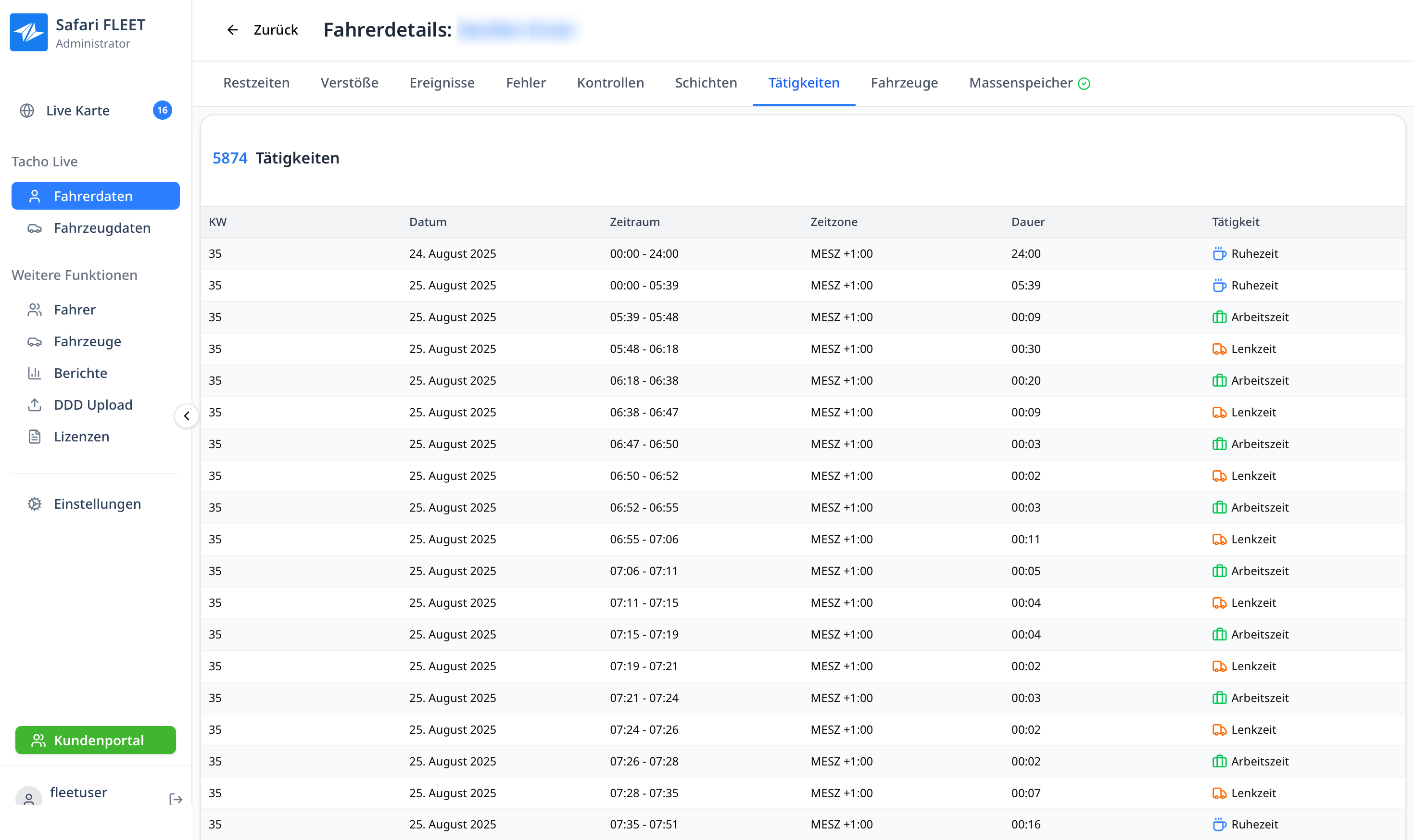 Tachograph Tätigkeiten - Sekundengenaue Aktivitätsdokumentation