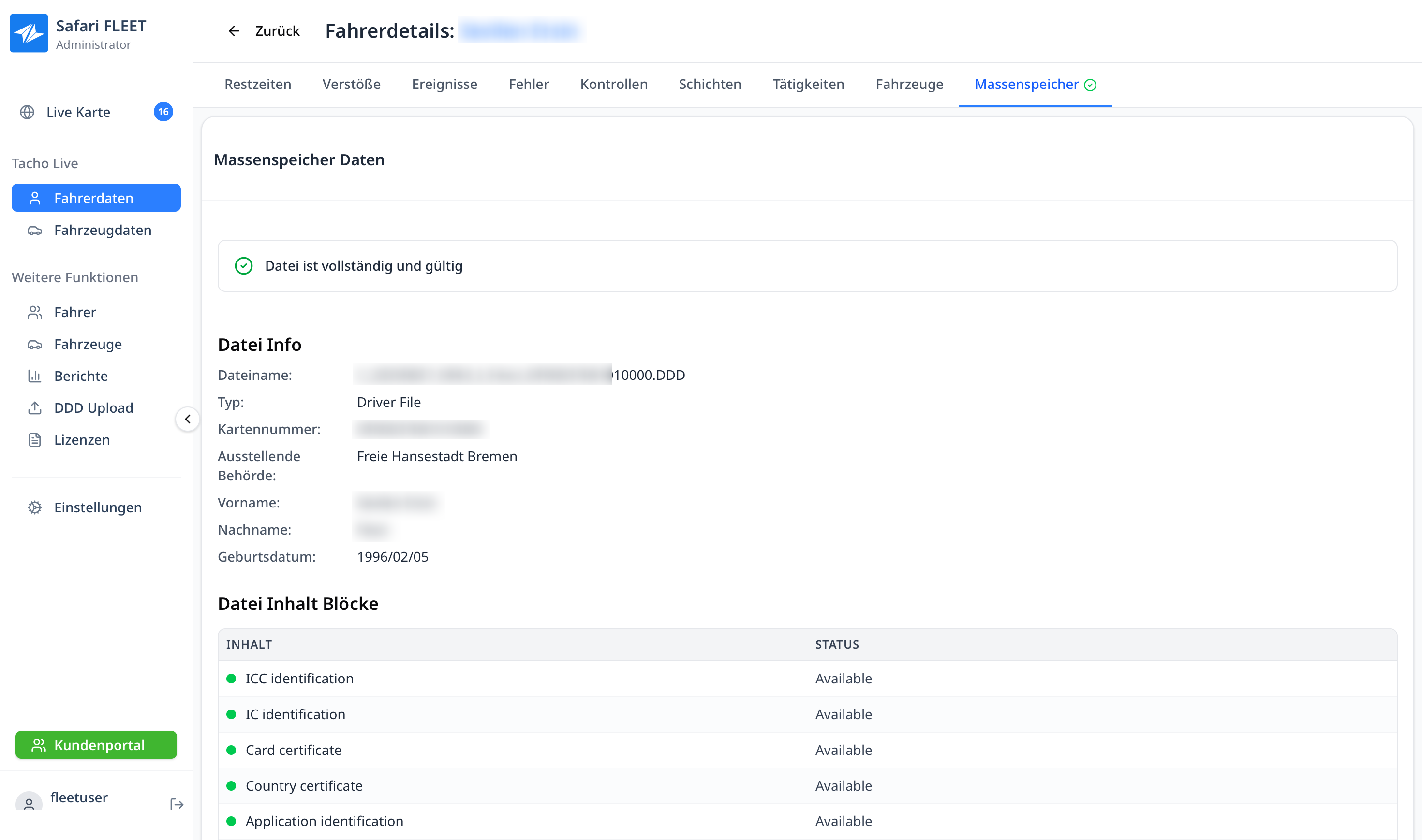Tachograph Massenspeicher - Vollständige Datenvalidierung und Archivierung